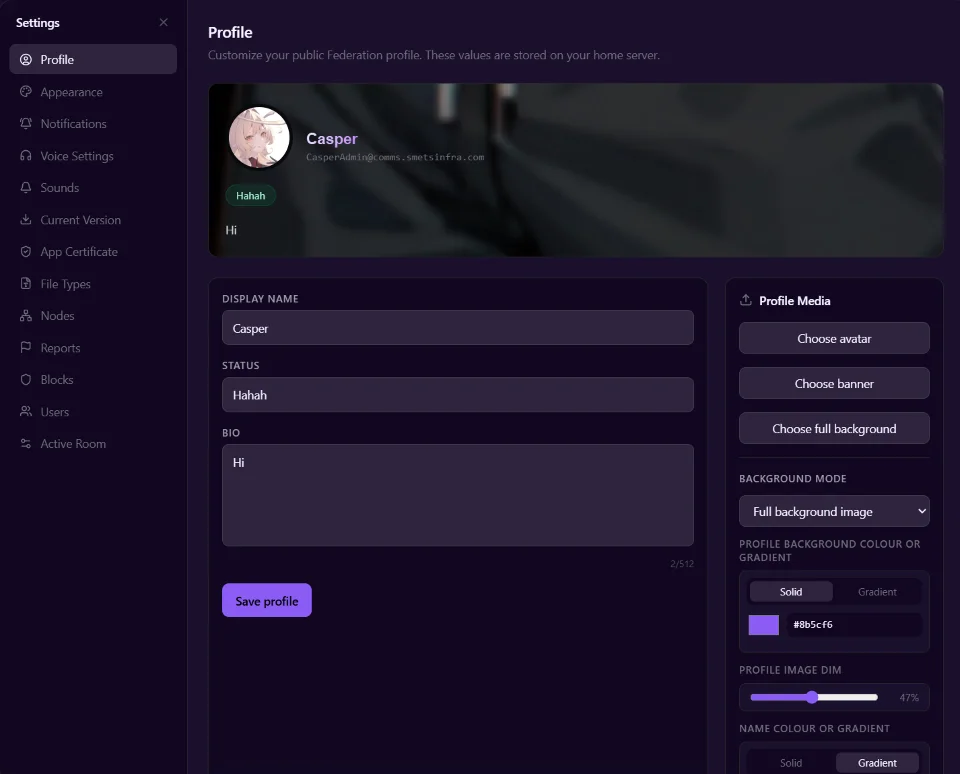 Profile settings screen