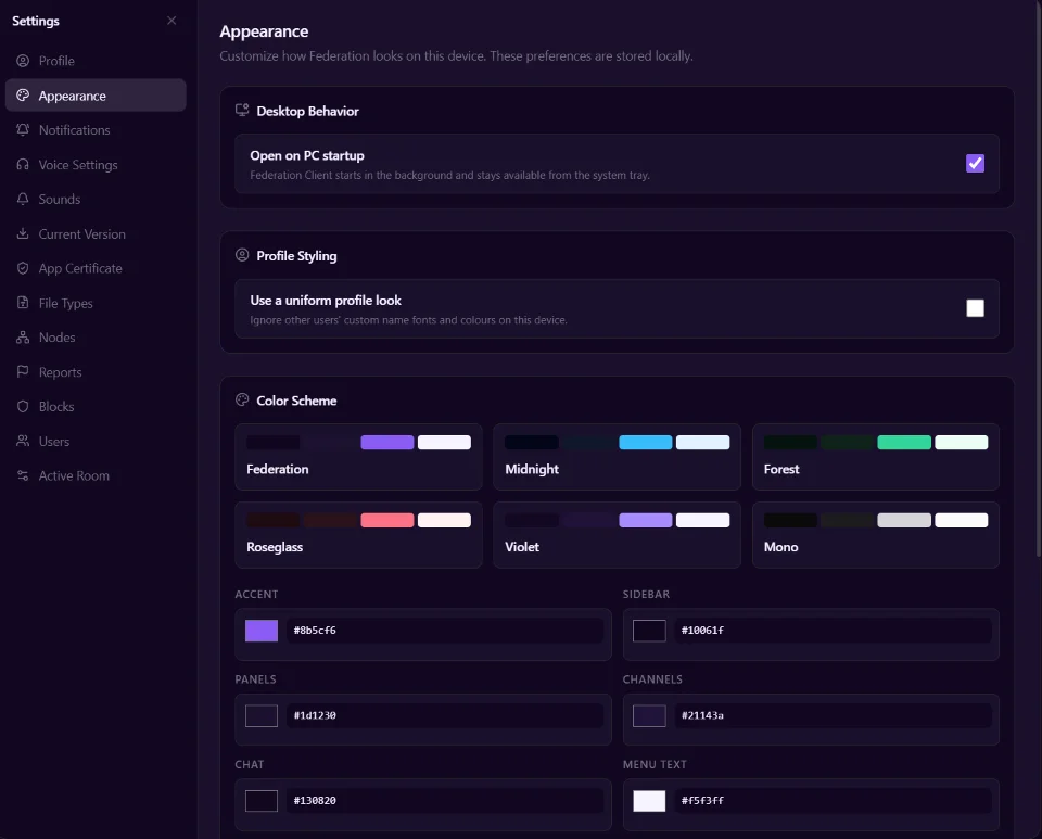 Appearance settings with colour schemes