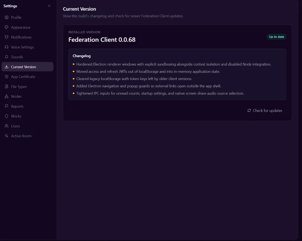 Client version screen with changelog