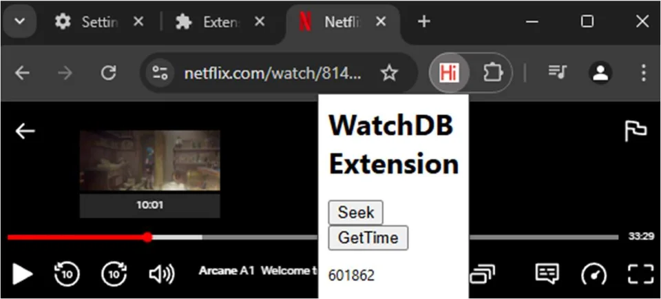 WatchDB Chrome extension popup over the Netflix player