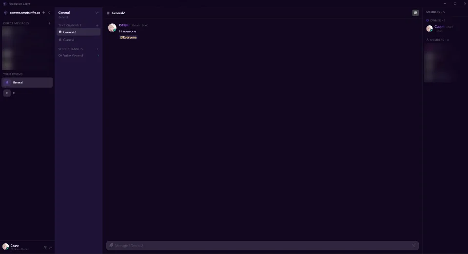 Federation client showing a room with channels and members